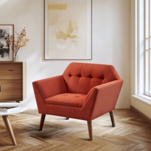 Elevate your living area with the mid-century allure of the INK+IVY Newport Upholstered Armchair. Featuring a wide 37-inch profile and a striking angular silhouette