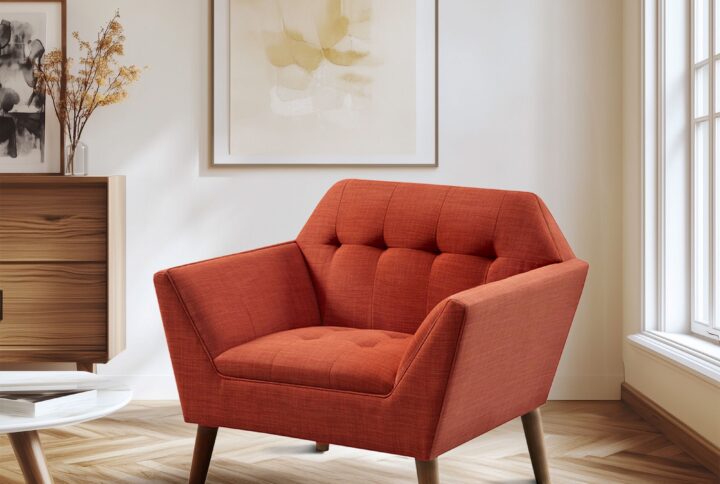 Elevate your living area with the mid-century allure of the INK+IVY Newport Upholstered Armchair. Featuring a wide 37-inch profile and a striking angular silhouette