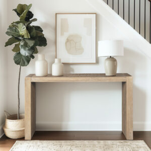 Modern clean lines and a simple design are beautifully combined to create this console table. This piece of multifunctional furniture features a solid wood construction in a deep finish with distressing details for a charming modern look.