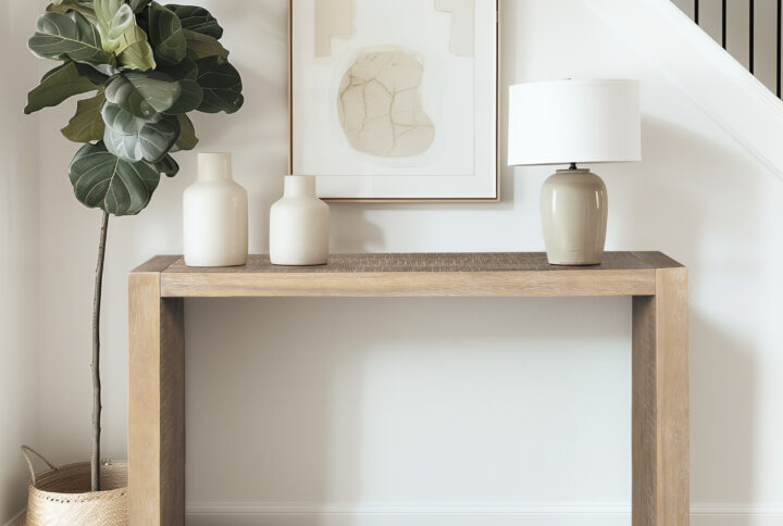 Modern clean lines and a simple design are beautifully combined to create this console table. This piece of multifunctional furniture features a solid wood construction in a deep finish with distressing details for a charming modern look.