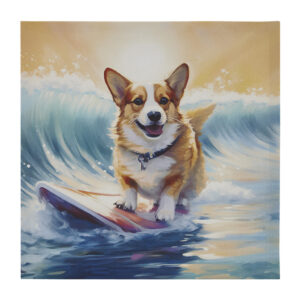 Elevate your space with our Corgi Surfing Waves Wall Art. This delightful canvas print features a happy corgi dog in the ocean