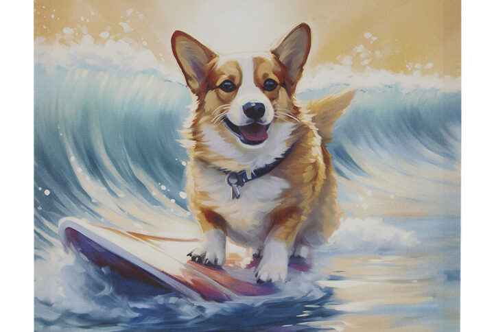 Elevate your space with our Corgi Surfing Waves Wall Art. This delightful canvas print features a happy corgi dog in the ocean