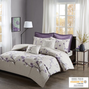 The Madison Park Holly 7 Piece Cotton Duvet Cover Set will transform your bedroom décor with charm and elegance. The cotton sateen fabric has a greyish taupe diamond background with a lovely floral print in purple