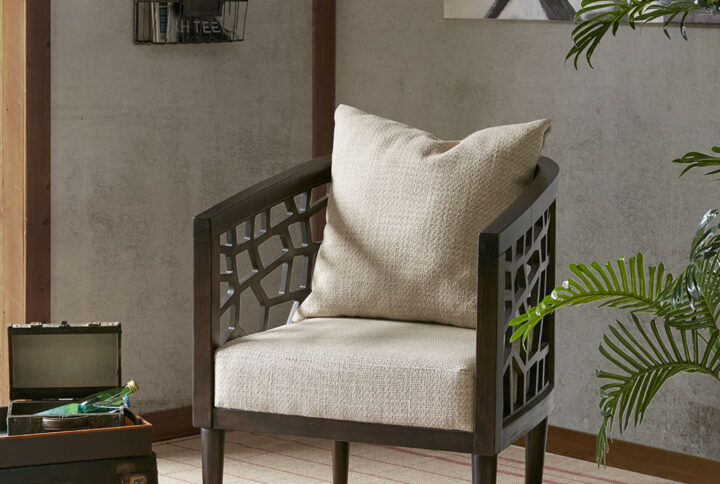 Dress up your decor with mid-century style of the INK+IVY Crackle Accent Chair. Highlighted in a dark burnt walnut finish