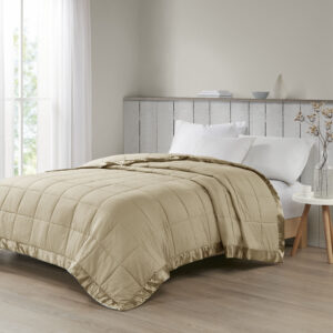 Make every night a cozy one with this textured oversized down alternative blanket. The color-matched 3" satin trim adds a luxury element that feels great on your skin. It features a 3M Scotchgard Moisture Management Treatment that wicks away moisture while helping release stains. Machine washable for easy care with a classic box quilting design. This hypoallergenic blanket is also OEKO-TEX certified