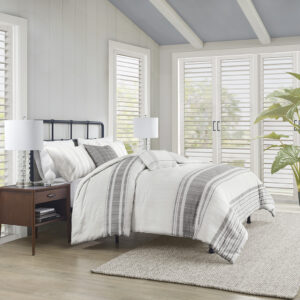 Introduce an upscale cottage charm to your bedroom with the Harbor House Morgan 5 Piece Cotton Duvet Cover Set. This 100% cotton jacquard duvet cover features textured vertical woven stripes with contrasting horizontal blue stripes on white ground