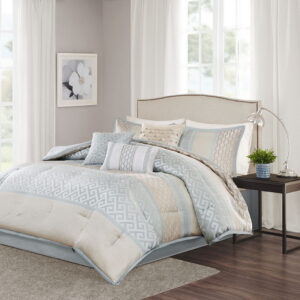 The Madison Park Bennett 7 Piece Jacquard Comforter Set provides a peaceful update to your bedroom with its soft shades of neutral colors. The geometric woven designs adorn this collection working together in large and small stripes for an updated traditional look. Three decorative pillows use embroidery and fabric manipulation techniques for a cohesive look in your space. Items in the set may come in a rolled or compressed packaging