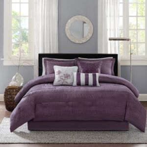 The Madison Park Hampton Collection adds dimension with the use of fabric manipulation. This unique polyester jacquard fabric has a wrinkle feature that is used in a striped fashion horizontally across the comforter and shams. The deep plum used in this set gives a modern feel that be easily be added into your current decor. Three decorative pillows use the top of bed color along with a heather grey for a chic finish.