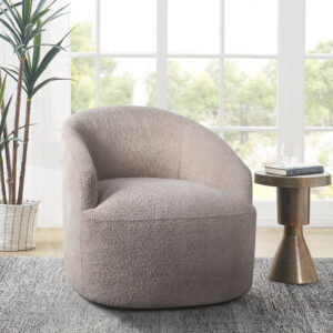 Add a comfortable and casual flair to your home with this swivel chair. This barrel-style chair is upholstered in a soft textured boucle fabric and has a tight attached seat to create a modern minimalist look. The sloped arms provide additional comfort to make this motion chair stylish and cozy. A hidden swivel base helps maintain the clean and seamless silhouette