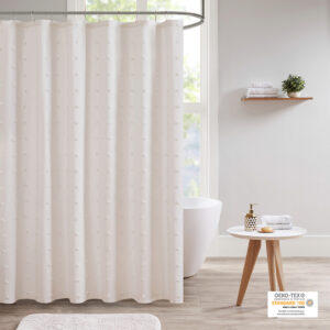 Create a shabby chic look in your bathroom with the Urban Habitat Brooklyn Cotton Yarn Dyed Jacquard Pom Pom Shower Curtain. This 100% cotton shower curtain features a soft ivory hue with an all-over pom pom tuft design that creates a beautiful texture and fresh tonal pattern. Measuring 70x72 inches