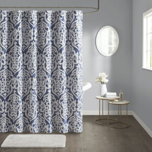 Add a touch of class to your bathroom with our Madison Park Odette Jacquard Shower Curtain. This luxurious textured shower curtain flaunts a gorgeous silver damask medallion design on a stria navy jacquard ground that adds rich texture and dimension to the lavish look. Measuring 72x72"