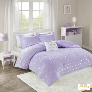 The Mi Zone Rosalie Metallic Printed Plush Comforter Set brings a bright and casual update to your bedroom. A silver metallic heart print adorns the purple plush comforter and shams (1 in Twin/TwinXL) creating a soft and fun look. An oblong decorative pillow with a pompom trim and hearts adds a lovely touch to the bedding set. This bedding set is also OEKO-TEX certified