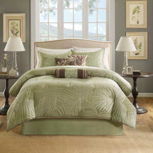 Transform your bedroom into a tropical oasis with the Madison Park Freeport 7 piece comforter set. This set showcases palm prints on polyester jacquard fabric in olive green and dark beige that create a relaxing vibe. The taupe piping lends a classy touch and the matching pillows accentuate the palm tree and floral motif. Three decorative pillows with embroidery and fabric manipulation details in contrasting colors of browns and taupe enhance the bed with texture and dimension. Machine washable for easy care.