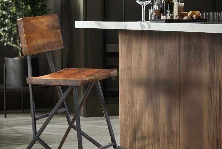 The INK+IVY Trestle Counter Stool brings a ruggedly modern style to your kitchen. Heavy planks of reclaimed distressed wood are mounted on a metal frame