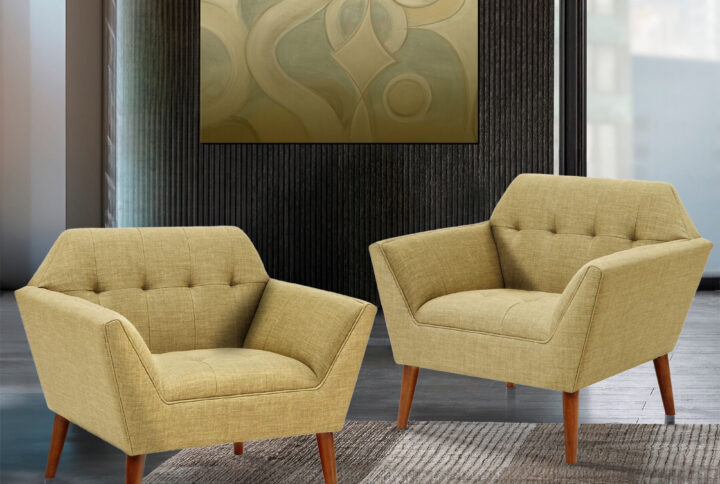 Accent your living area with the mid-century allure of INK+IVY’s Newport Lounge Chair. The tight back and seat offers extra plush comfortable seating and features a clean tailored look accented with button tufting details. Textured upholstery and a pecan finish on the tapered wood legs gives this lounge chair a warm contrast and alluring appeal. With its beautiful design and small silhouette