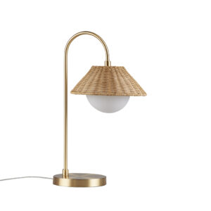 this table lamp features a natural rattan shade paired with a frosted globe for a warm and inviting glow. Easy to install with a plug-in