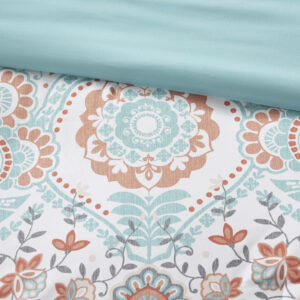 the comforter has a solid aqua reverse that complements the top of the bed. Matching aqua shams (1 in Twin/TwinXL) with pintucked details add texture and dimension