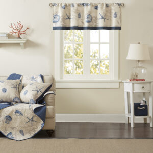 Add a coastal touch to your room with our cotton seashell printed valance. Assorted seashells and motifs are printed in blue hues