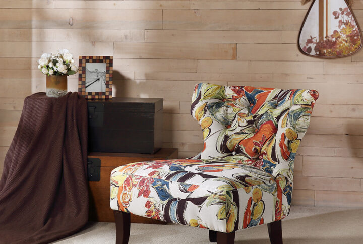 Complete your home decor with the modern charm of the Madison Park Erika Accent Chair. This armless accent chair features a low back and an attached cushion upholstered in a printed fabric