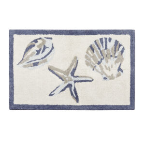 this tufted runner features fun shell and seaside designs in lush blue and taupe hues