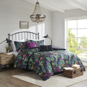 The Madison Park Tasha 5 Piece Comforter Set offers a striking floral update to your bedroom decor. This softspun comforter features a beautiful botanical print that creates a stunning contrast with the black base fabric