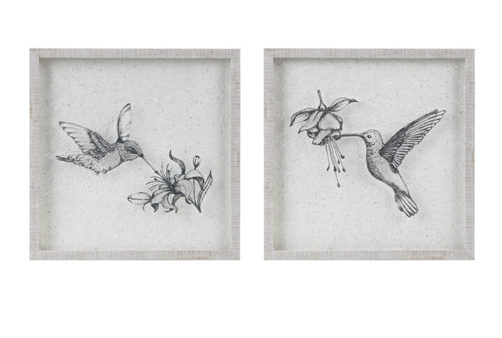 Introducing this Delicate Hummingbird Wall Decor Set from Urban Habitat! With a charming embossed and distressed grey frame