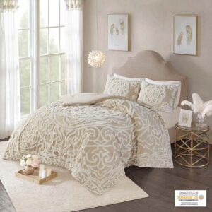 The Madison Park Laetitia Tufted Cotton Chenille Medallion Comforter Set provides an alluring shabby chic update to your bedroom. This globally inspired comforter features a 100% cotton face and reverse with a tufted chenille medallion centered on top of the bed. The 2 matching shams (1 in Twin/Twin XL) coordinate with the cotton comforter to complete the boho look. Perfect for all season use