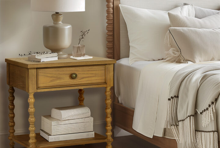 Complement your bedroom space with the Madison Park Signature Beckett Nightstand. This nightstand table features a camel oak finish to create a warm and inviting look. A single drawer and lower shelf provide plenty of space for your bedside essentials. The turned solid wood legs add an elegant accent