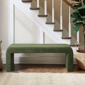 Steve bench has a sleek waterfall design with rounded corners and is upholstered in soft