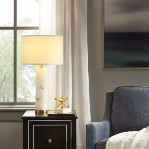 this table lamp adds an elegant touch to any transitional décor. The white drum-shaped shade perfectly filters the light to soften the look of your room. Plug in this table lamp using the 72-inch clear cord