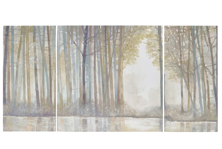 The Forest Reflections Triptych 3-piece Canvas Wall Art Set by Artist Norman Wyatt Jr. brings an enchanting aesthetic to your home. This canvas wall art set features a forest setting and pond