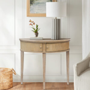 Martha Stewart’s Bedford Home serves as the inspiration for the farmhouse charm of the Crestview Storage Console Table. Flaunting a demilune shape