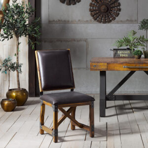 The INK+IVY Lancaster Dining Chair adds a sophisticated update to your dining room decor. This dining chair features a faux leather upholstered seat and back in a chocolate brown hue to create a bold industrial look. The solid wood legs and hardwood frame showcase a warm wood finish that complements the polyurethane leather seat and back. Include this faux leather dining chair into your dining space to elevate the look of your home. Assembly is required.