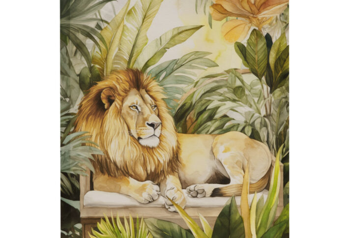 Experience the thrill of the wild with a canvas featuring a regal lion resting comfortably in the jungle