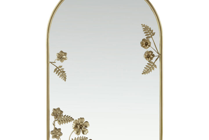 Elevate your space with the timeless elegance of the Adaline Arched Metal Floral Wall Mirror by Madison Park. Featuring intricate metal flowers and leaves finished in a luxurious metallic gold