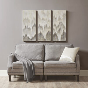 Give your décor a glamorous modern touch with the Madison Park Sterling Mist hand embellished canvas 3 piece set. This canvas wall art set features an abstract design in shades of grey with glitter embellishments spans across each of the three canvases for a contemporary look. 100% hand embellished accents add dimension and texture to the design