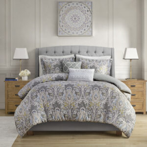 The Harbor House Hallie 5 Piece Cotton Duvet Cover Set introduces an elegant and traditional allure to your bedroom décor. Flaunting a beautiful damask pattern in grey hues with hints of blue and yellow