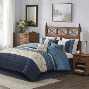 The Serene Bedding Collection provides an elegant look to your home. The top of the comforter is a mix of navy