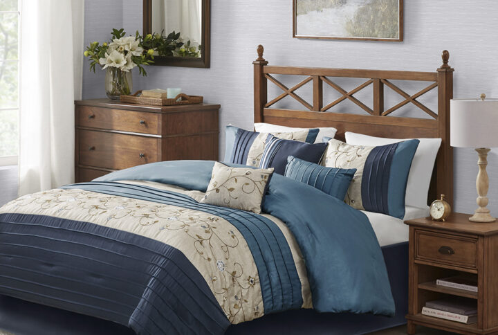 The Serene Bedding Collection provides an elegant look to your home. The top of the comforter is a mix of navy