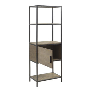 this bookshelf features 3 solid wood veneer shelves that offer plenty of room for your decorative objects. A lower storage cabinet with a metal handle provides another place to store books and trinkets. Made with a sturdy metal frame