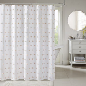 Add a fun update to your space with the Madison Park Sophie shower curtain. The solid white background features rows of soft blush fabric pom poms