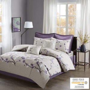 The Madison Park Holly 8 Piece Comforter Set will transform your bedroom décor with charm and elegance. The cotton sateen fabric has a greyish taupe diamond background with a lovely floral print in purple