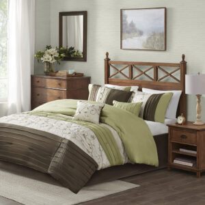 The Serene Bedding Collection provides an elegant look to your home. The top of the comforter is a mix of green