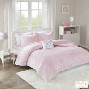 The Mi Zone Rosalie Metallic Printed Plush Comforter Set brings a bright and casual update to your bedroom. A silver metallic heart print adorns the pink plush comforter and shams (1 in Twin/TwinXL) creating a soft and fun look. An oblong decorative pillow with a pompom trim and hearts adds a lovely touch to the bedding set. This bedding set is also OEKO-TEX certified