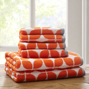 Add the Intelligent Design Lita 6 Piece Towel Set to your bathroom for a fun and chic update! These towels feature a reversible bold orange geometric print with a small grey dobby border