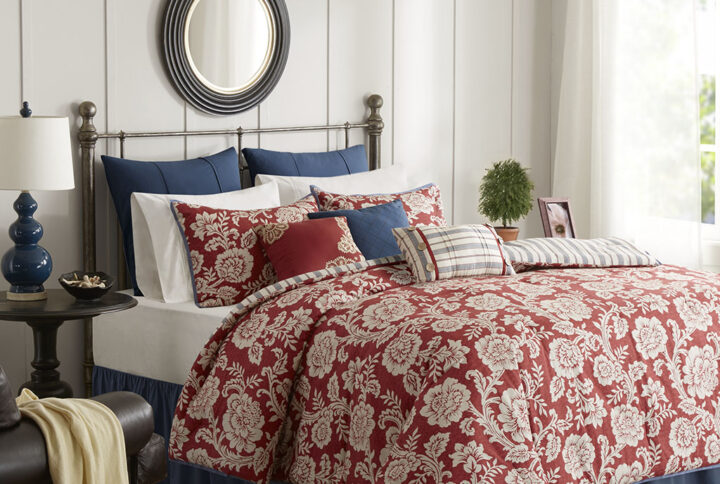 The Madison Park Lucy 9 Piece Cotton Twill Reversible Comforter Set offers a cozy cottage update to your bedroom. This cotton twill comforter features a floral motif in a classic color scheme that flips to a complimentary striped pattern on the reverse. Two coordinating shams flaunt the same pattern as the comforter