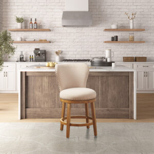 Comfort and style are beautifully combined in this Madison Park Stewart swivel counter stool. The generously sized round padded seat and curved back are upholstered in a tan fabric to provide an inviting place to sit at your kitchen counter. A bronze nailhead trim adds an elegant touch to the upholstery