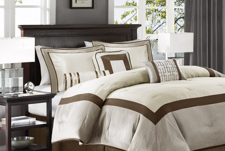 The Genevieve bedding collection creates a neutral feel to your space. This set is made from 100% polyester polyoni creating a sheen to the taupe