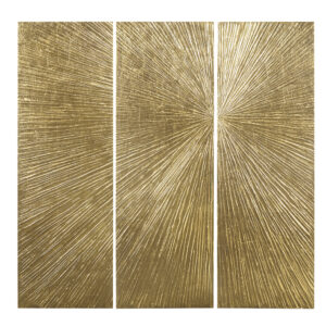 The Madison Park Signature Sunburst Hand Painted Triptych 3-piece Dimensional Resin Wall Art Set brings a bold and luxuriously striking update to your decor. A modern sunburst design with heavy textured detailing spreads across all 3 resin pieces to create a rich and glamorous look. The gold metallic painted finish adds a beautiful sheen and luster to elevate the design; while a 100% MDF box provides structure and support. Each piece in this set measures 15x45" and is finished with 2 D-rings on the reverse for easy hanging; simply hang pieces together with any desired spacing to create an eye-catching display on your wall. Spot clean only.