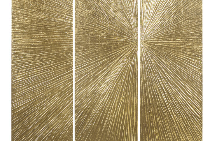 The Madison Park Signature Sunburst Hand Painted Triptych 3-piece Dimensional Resin Wall Art Set brings a bold and luxuriously striking update to your decor. A modern sunburst design with heavy textured detailing spreads across all 3 resin pieces to create a rich and glamorous look. The gold metallic painted finish adds a beautiful sheen and luster to elevate the design; while a 100% MDF box provides structure and support. Each piece in this set measures 15x45" and is finished with 2 D-rings on the reverse for easy hanging; simply hang pieces together with any desired spacing to create an eye-catching display on your wall. Spot clean only.